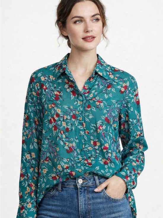 Notations Woman Tops - Notations Woman Vintage 80s Floral Shirt | Teal Botanical Print | Late 80s